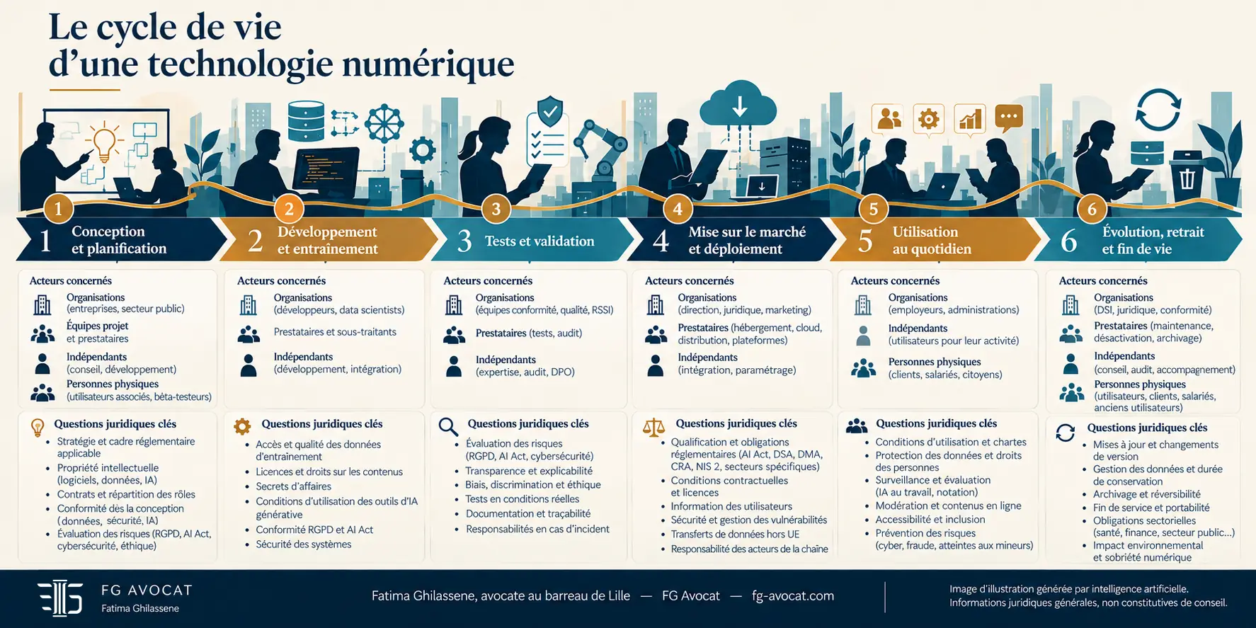 Frise en six étapes du cycle de vie d'une technologie numérique : conception et planification, développement et entraînement, tests et validation, mise sur le marché et déploiement, utilisation au quotidien, évolution, retrait et fin de vie. Chaque étape indique les acteurs concernés — organisations, prestataires, indépendants, personnes physiques — et les questions juridiques qu'elle soulève.