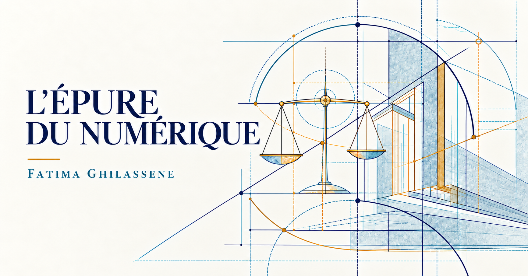 Bandeau de L’Épure du numérique : le titre en capitales et le nom de Fatima Ghilassene sur fond crème, à côté d’un dessin technique où une balance de justice s’inscrit dans un tracé d’architecte.