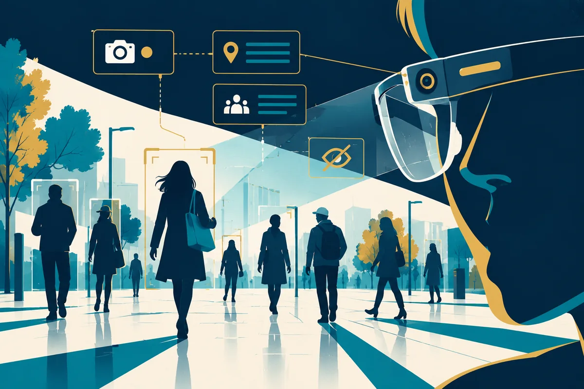 Illustration : des passants en silhouette dans une rue, dont l'un est encadré par un viseur, vus depuis des lunettes connectées équipées d'une caméra.