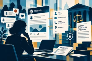 Illustration d’une personne examinant des publications sur Threads, reliées à des données d’identification et à une décision de justice.