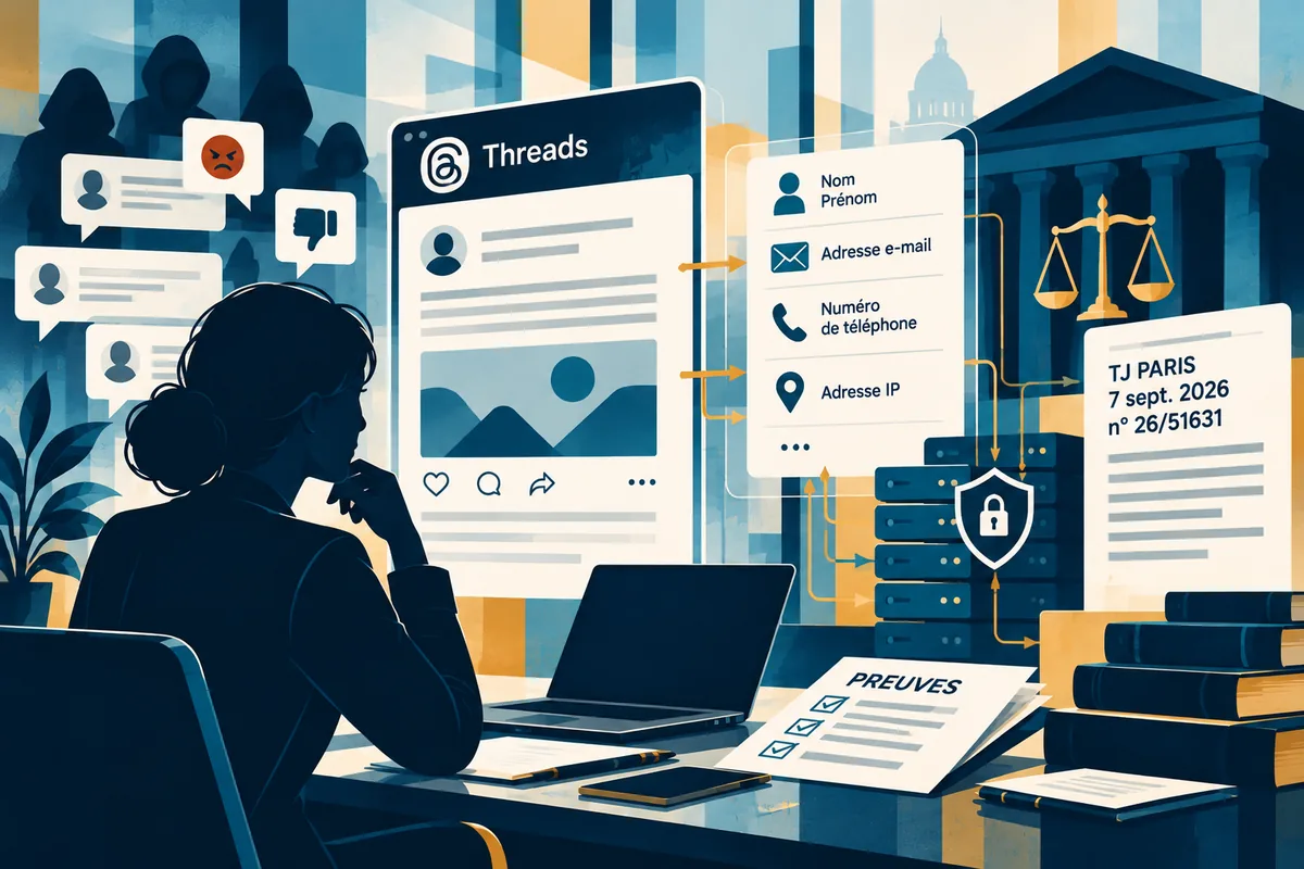 Illustration d’une personne examinant des publications sur Threads, reliées à des données d’identification et à une décision de justice.