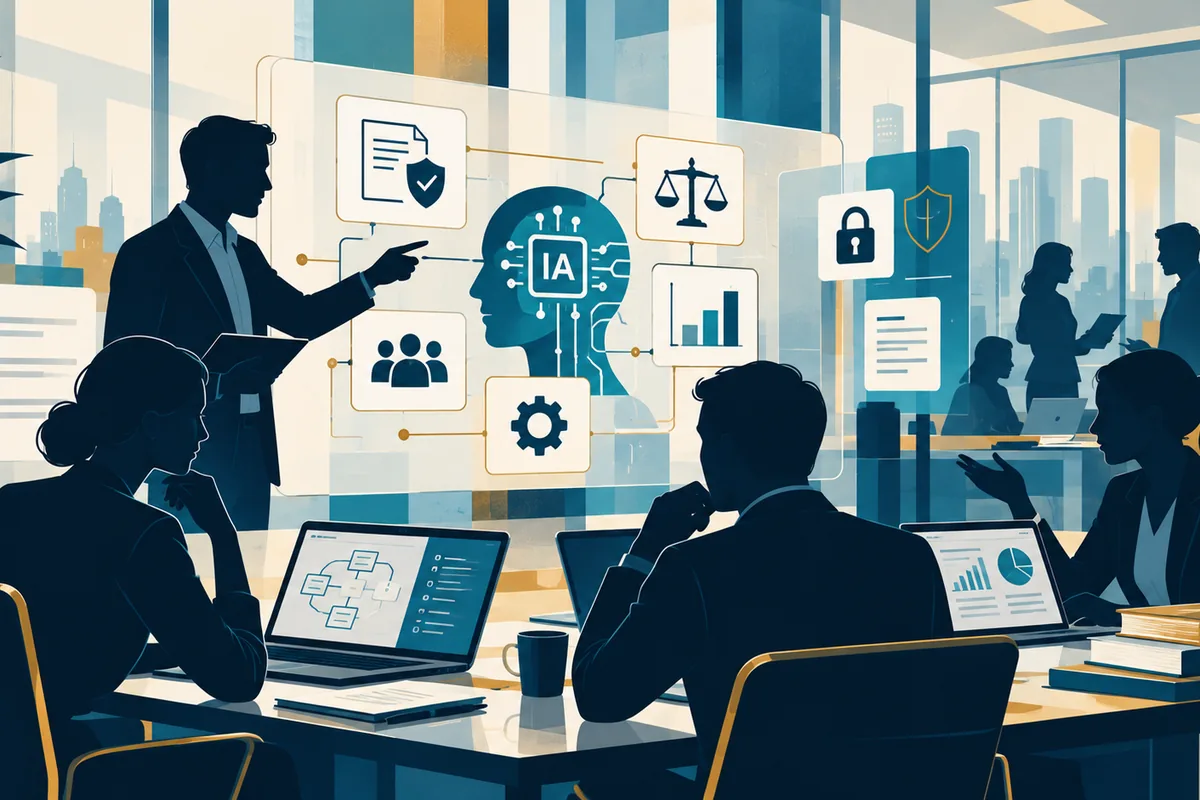 Illustration d’une équipe de travail autour d’un système d’intelligence artificielle, avec des éléments représentant le contrôle humain, la sécurité et l’organisation du travail.