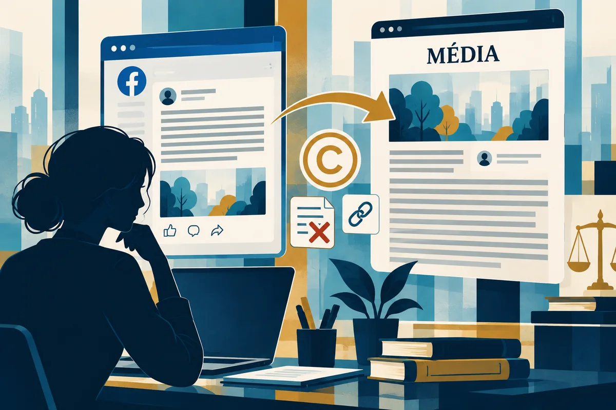 Illustration d’un texte publié sur Facebook puis repris sur un site de presse, avec des symboles de droit d’auteur.