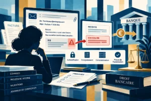 Illustration d’une fraude au faux RIB : une professionnelle examine un courriel contenant de nouvelles coordonnées bancaires, les preuves du virement et les contrôles de sécurité.