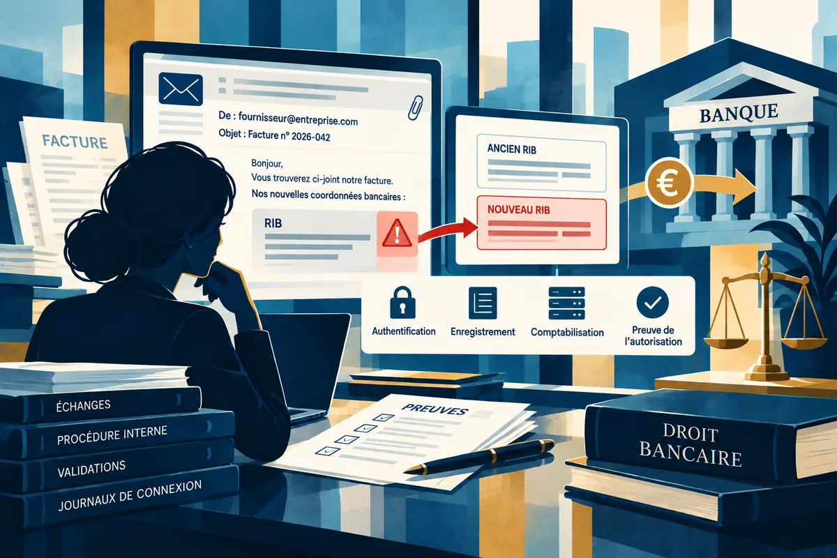 Illustration d’une fraude au faux RIB : une professionnelle examine un courriel contenant de nouvelles coordonnées bancaires, les preuves du virement et les contrôles de sécurité.